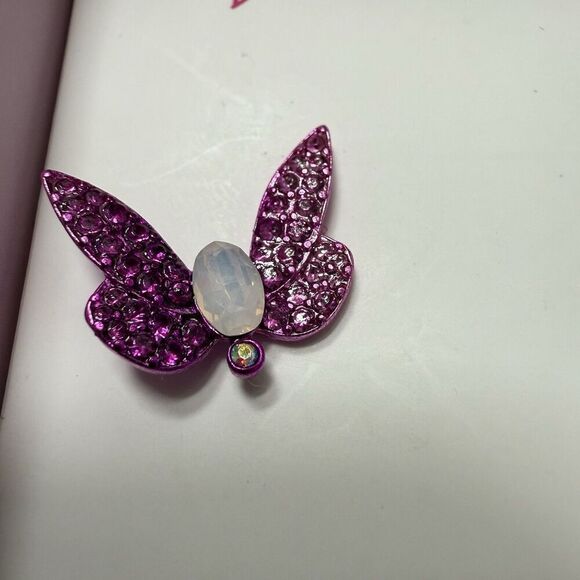 Betsey Johnson Pink Metallic Butterfly Stud Earrings Crystal Accents Strawberry - Picture 2 of 5